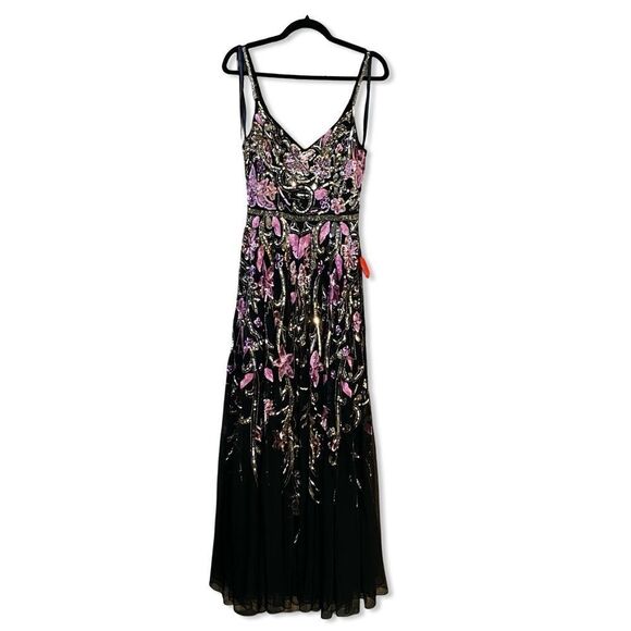 NWT Mac Duggal Black V Neck Floral Embellished Spaghetti Strap Gown dress Sz 2 - Picture 8 of 14
